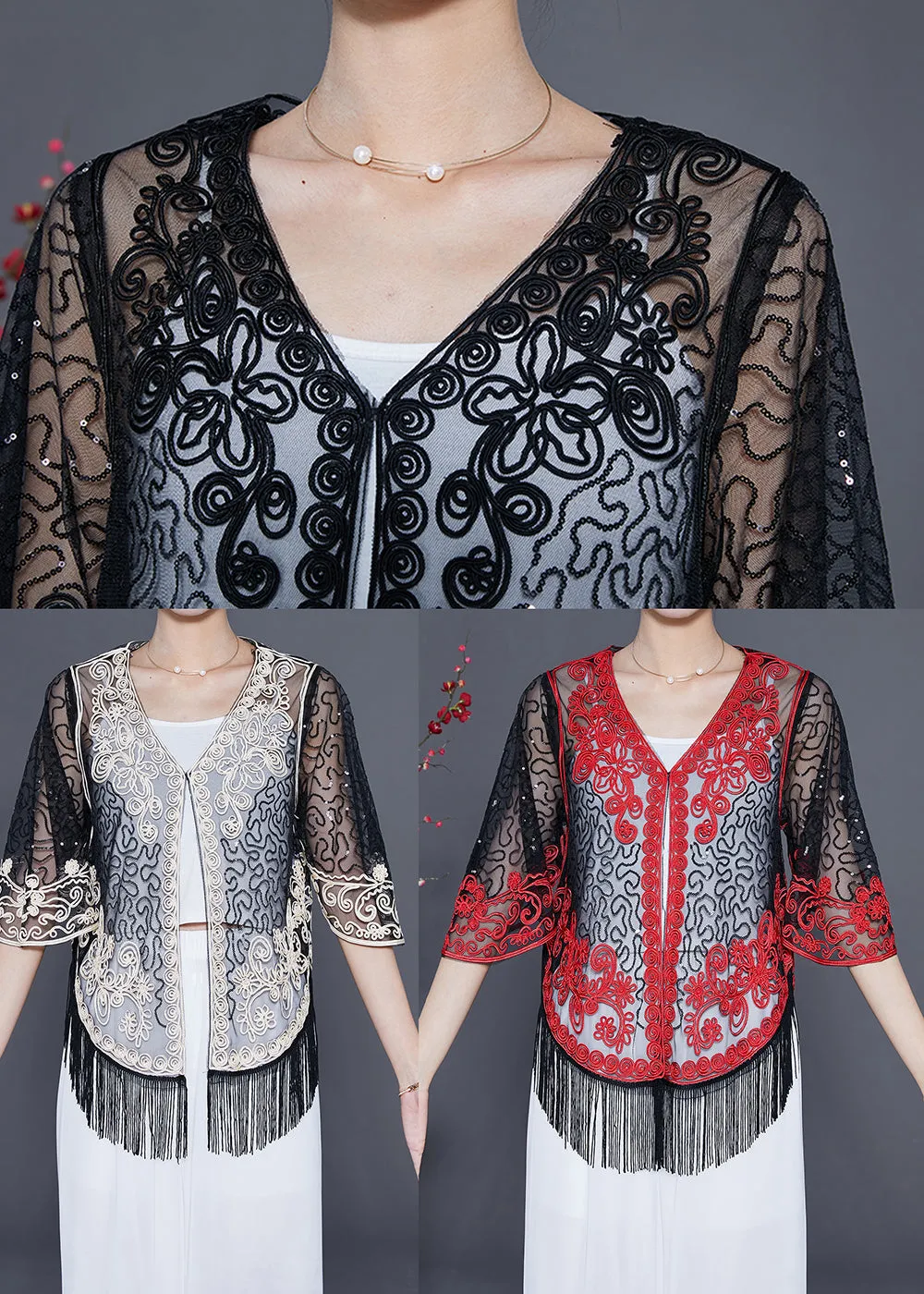 Beautiful Black Embroideried Tulle Cardigans Summer LY5546