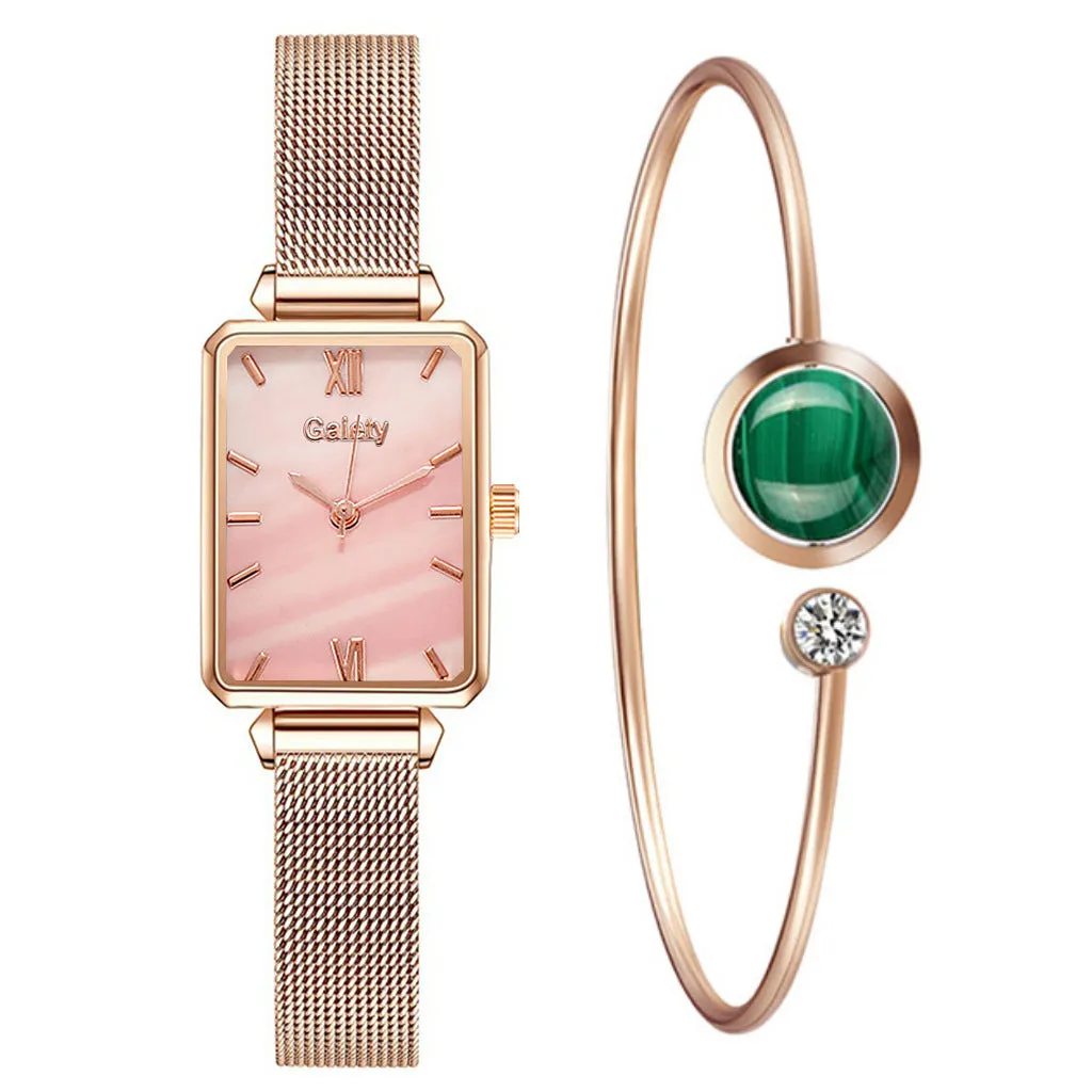Color: Gold with pink noodles, style: With bracelet - Women's Alloy Mesh Belt All-Match Quartz Watch