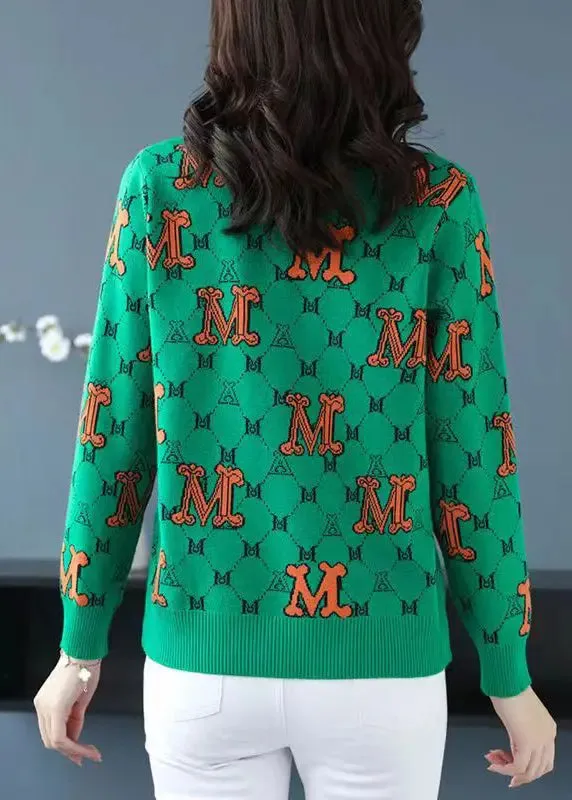 Green Letter Jacquard Patchwork Woolen Loose Cardigans V Neck Fall ML0991