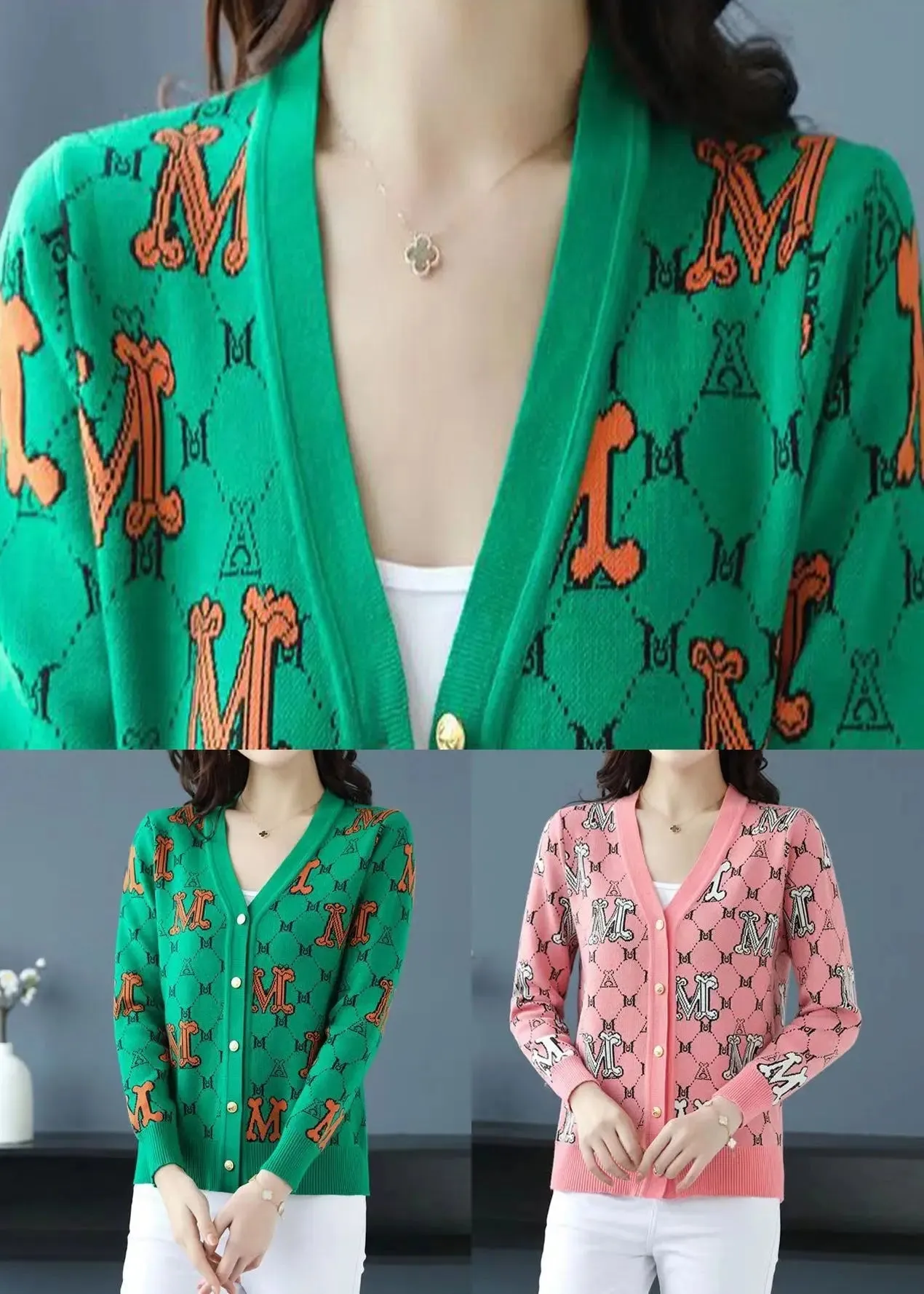 Green Letter Jacquard Patchwork Woolen Loose Cardigans V Neck Fall ML0991
