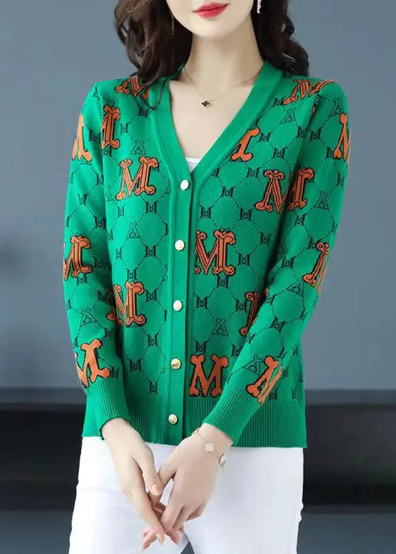 Green Letter Jacquard Patchwork Woolen Loose Cardigans V Neck Fall ML0991