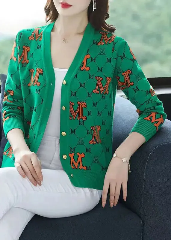 Green Letter Jacquard Patchwork Woolen Loose Cardigans V Neck Fall ML0991