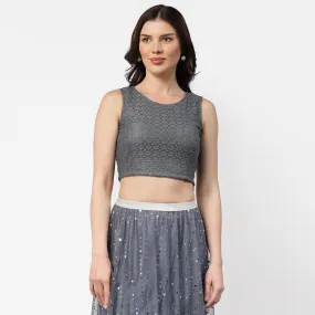 Grey Flower Without Sleeves Net Blouse