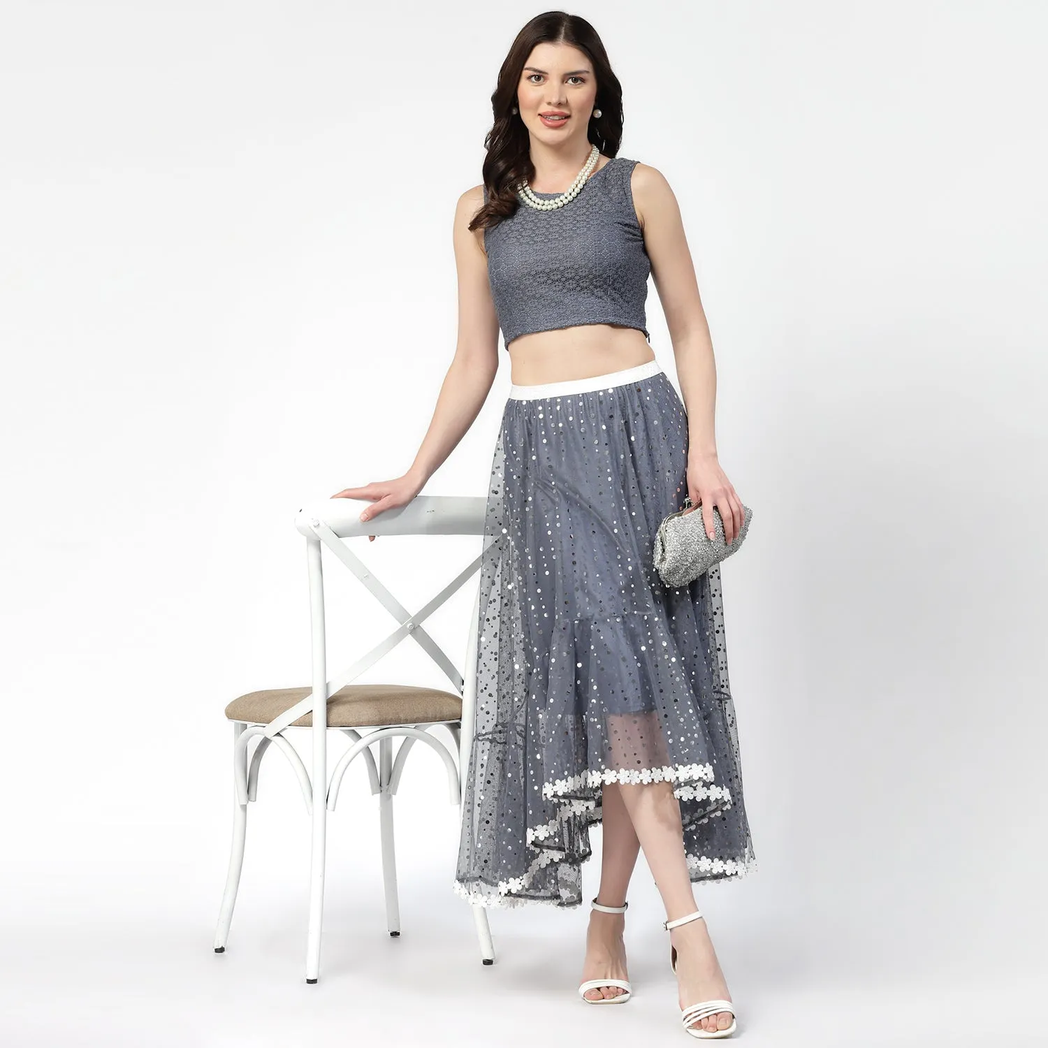 Grey Flower Without Sleeves Net Blouse