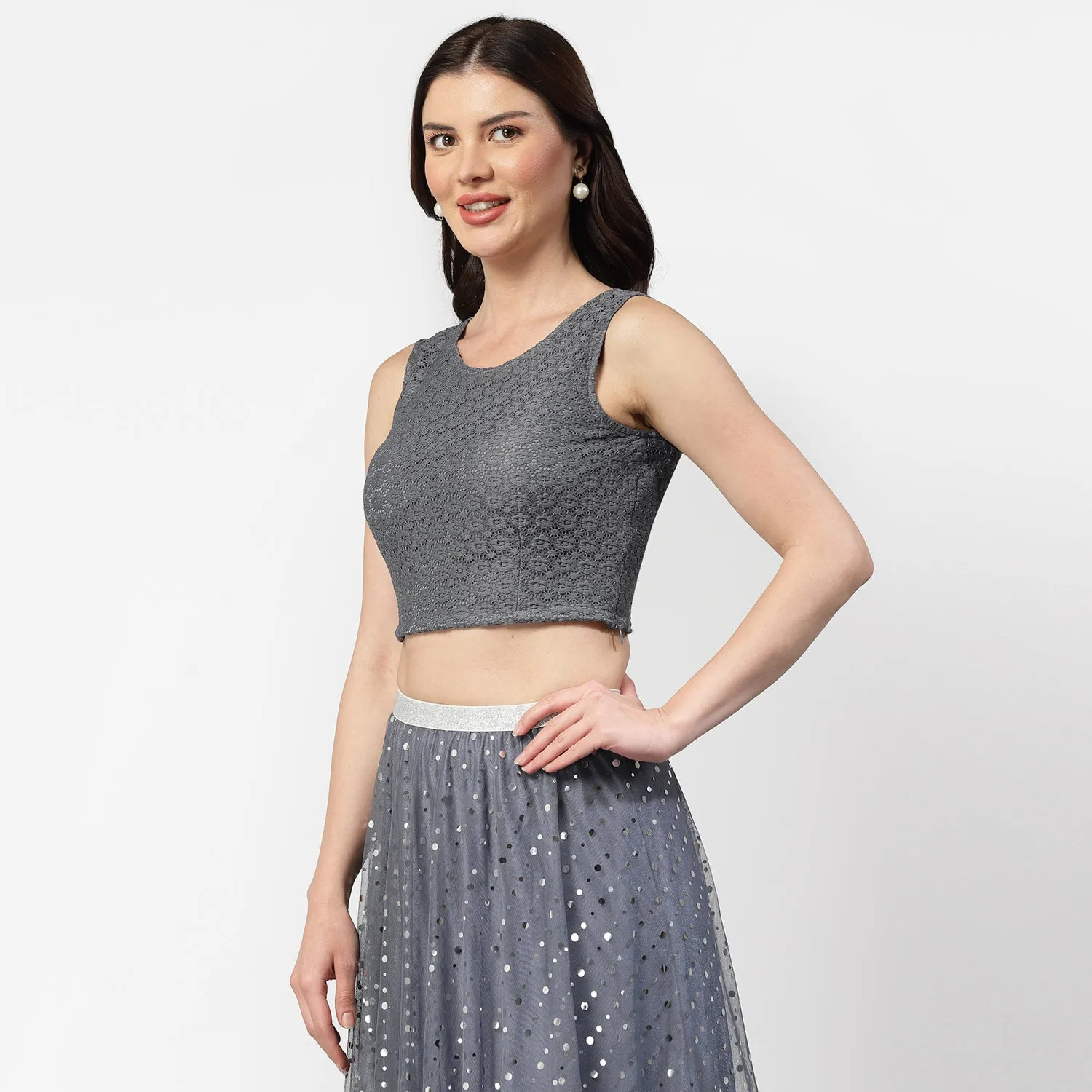 Grey Flower Without Sleeves Net Blouse