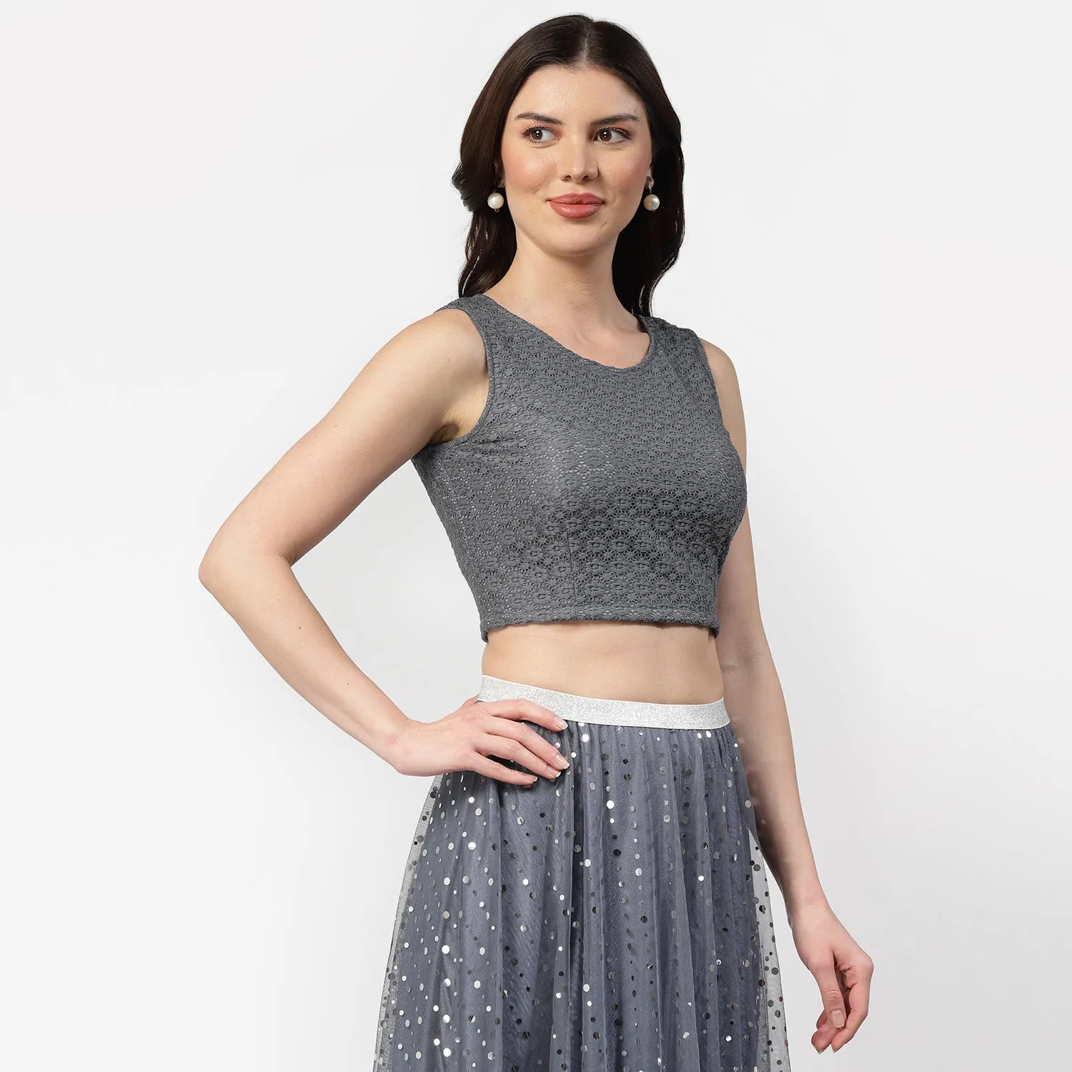 Grey Flower Without Sleeves Net Blouse