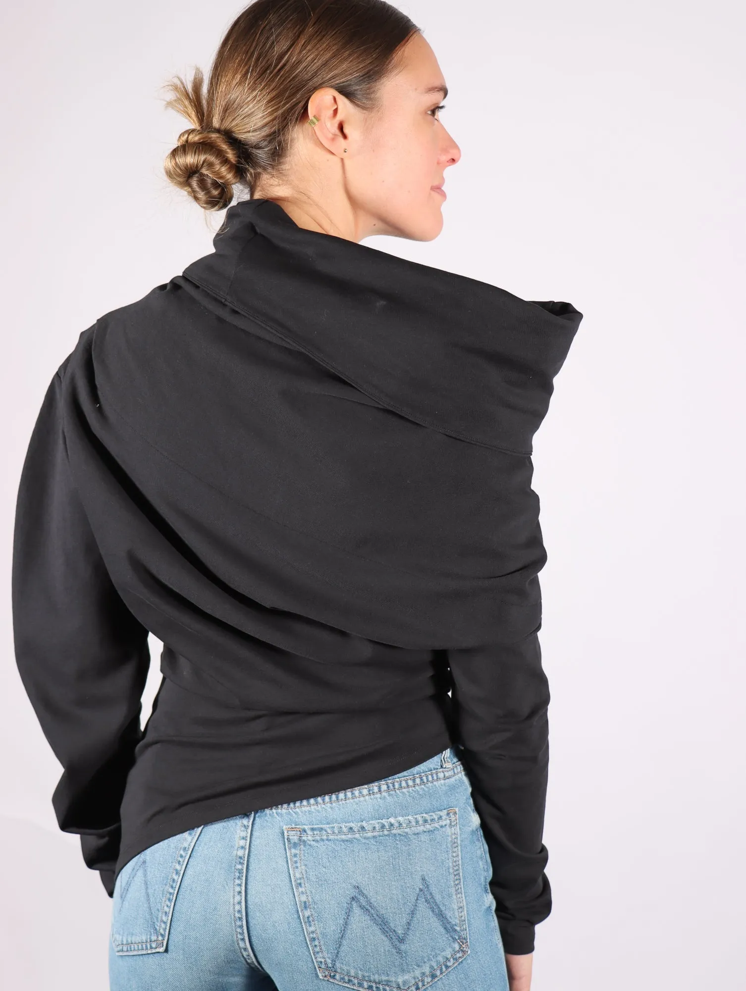 Jersey Cowl Neck Draped Top in Black by A.W.A.K.E. Mode