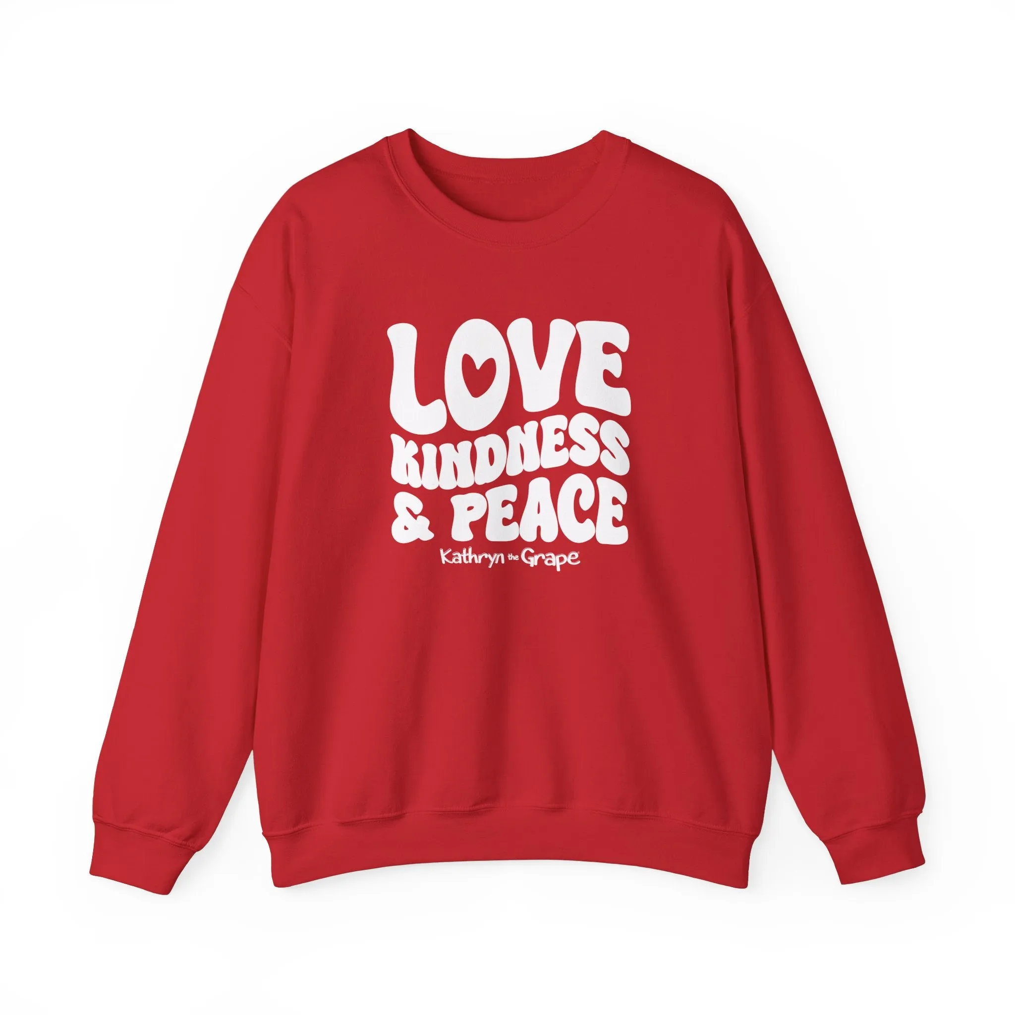 Kathryn the Grape Love, Kindness, and Peace (White) Teen/Adult Heavy Blend™ Crewneck Sweatshirt