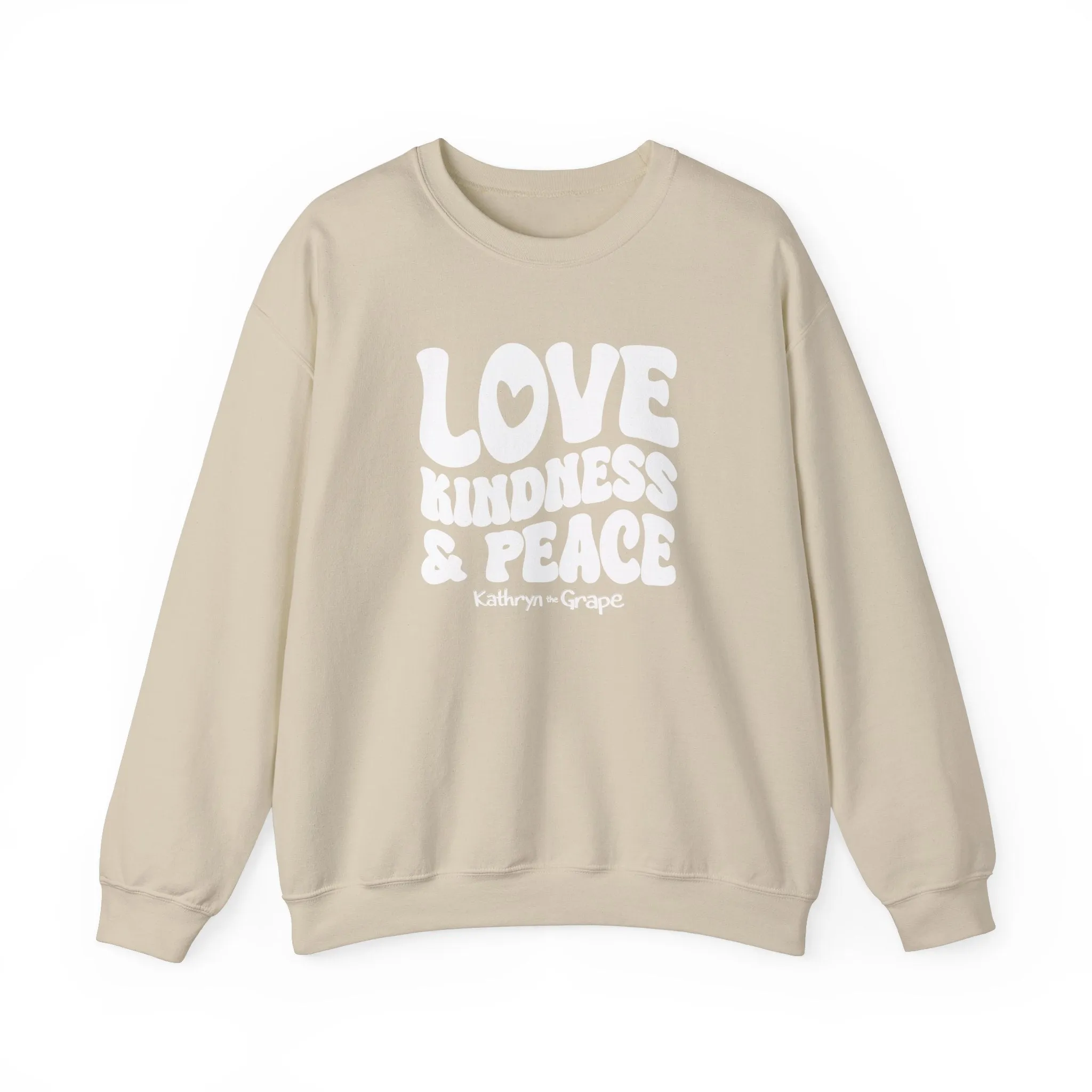 Kathryn the Grape Love, Kindness, and Peace (White) Teen/Adult Heavy Blend™ Crewneck Sweatshirt