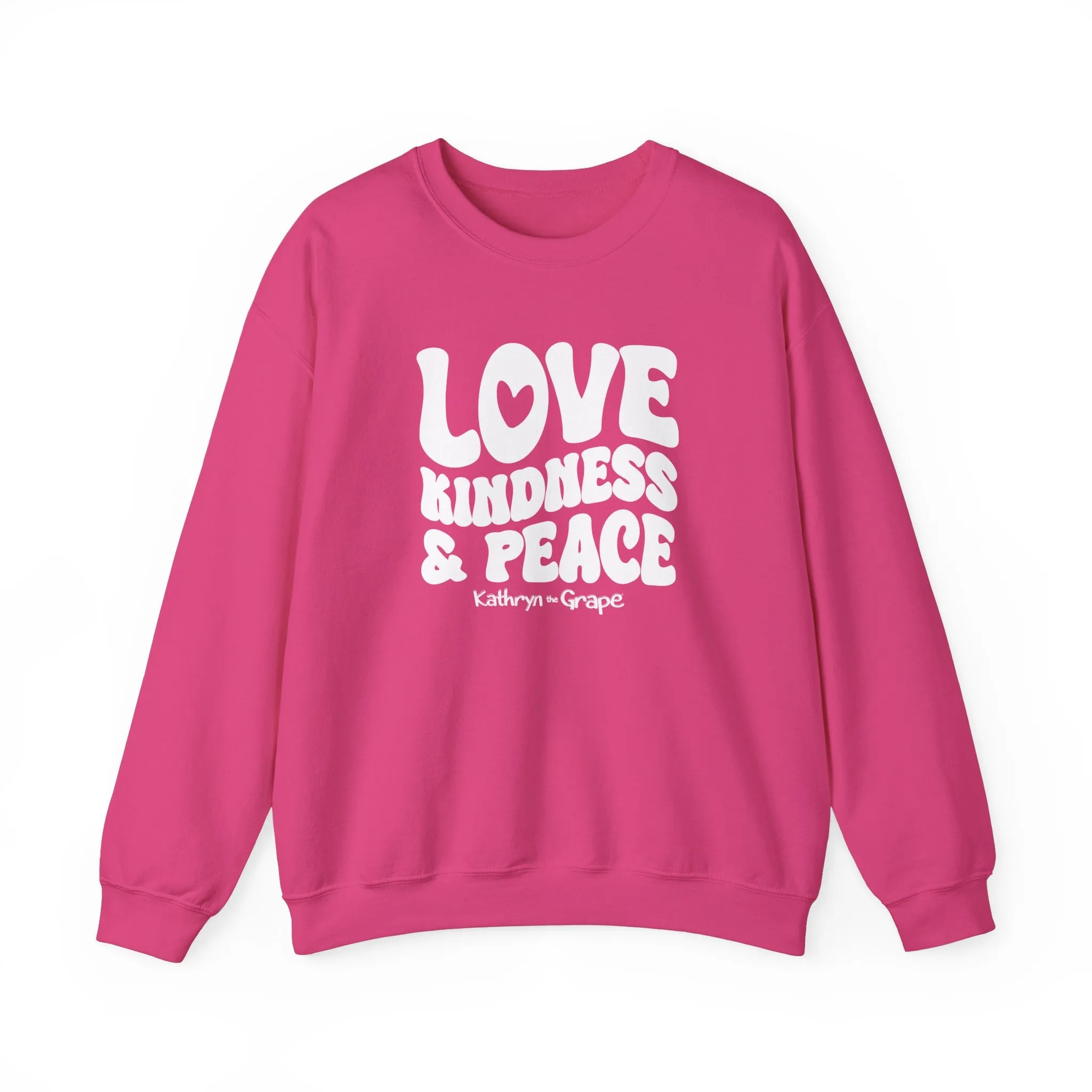 Kathryn the Grape Love, Kindness, and Peace (White) Teen/Adult Heavy Blend™ Crewneck Sweatshirt