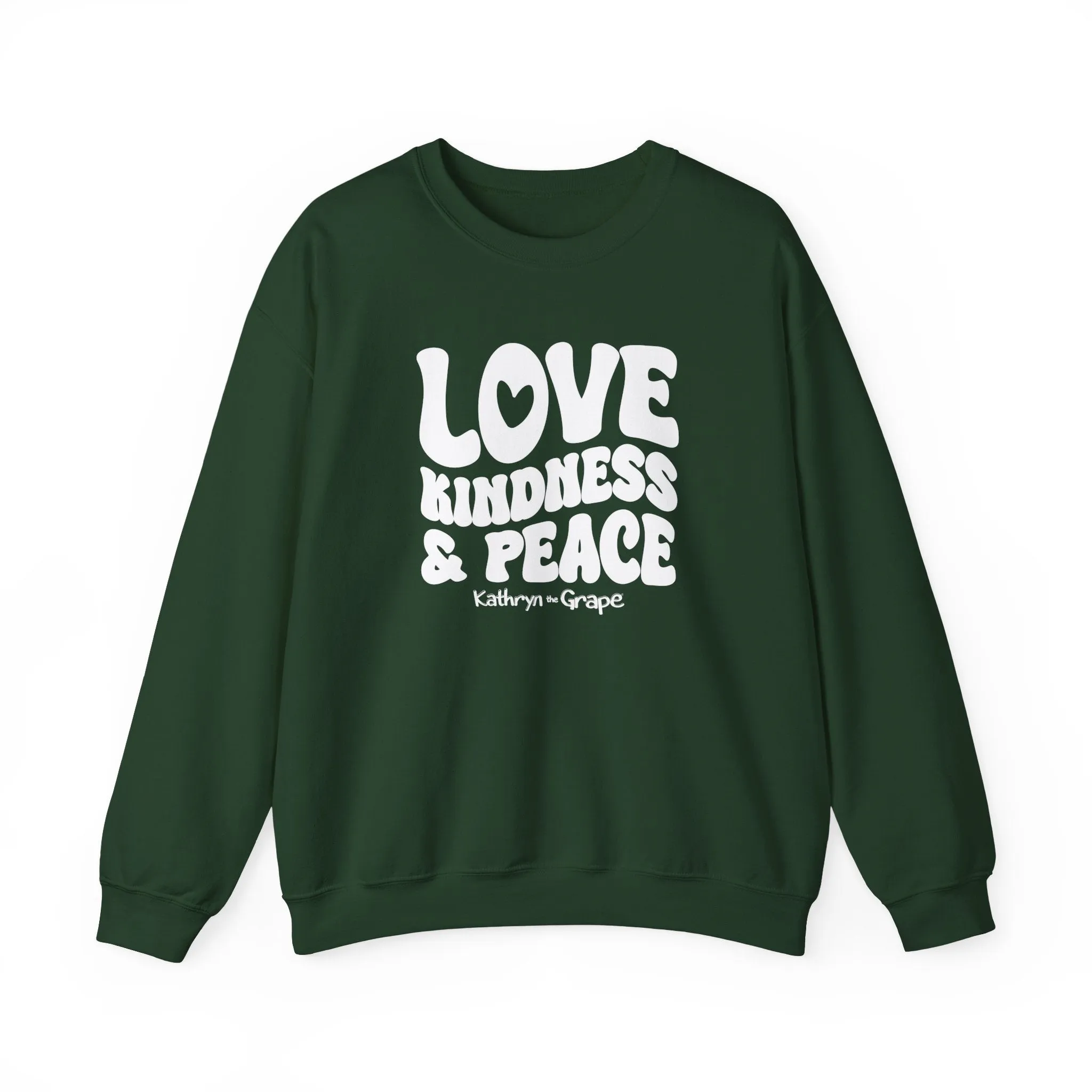 Kathryn the Grape Love, Kindness, and Peace (White) Teen/Adult Heavy Blend™ Crewneck Sweatshirt