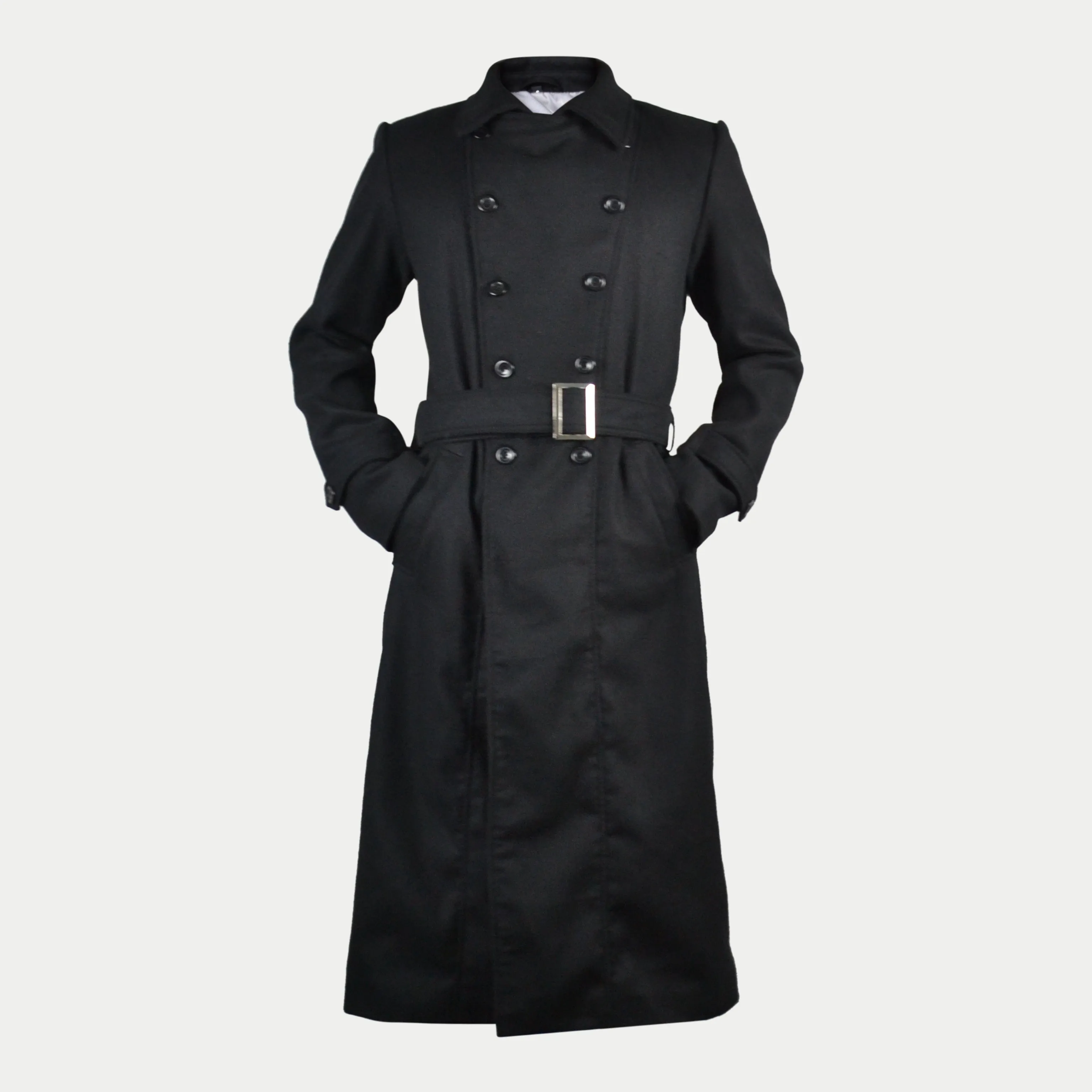 Men's Black Long Double-Breasted Belted Genuine Wool Coat