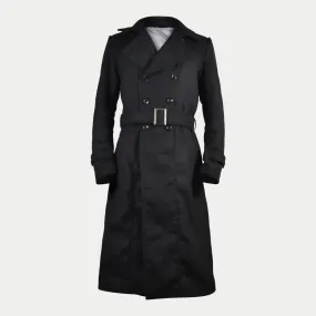 Men's Black Long Double-Breasted Belted Genuine Wool Coat