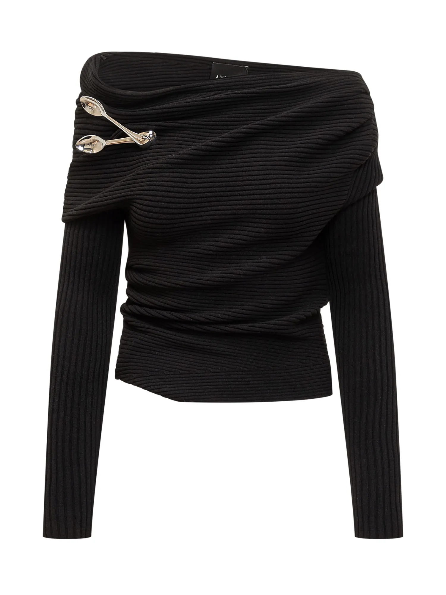 Off Shoulder Sweater with Spoon Brooch in Black by A.W.A.K.E. Mode