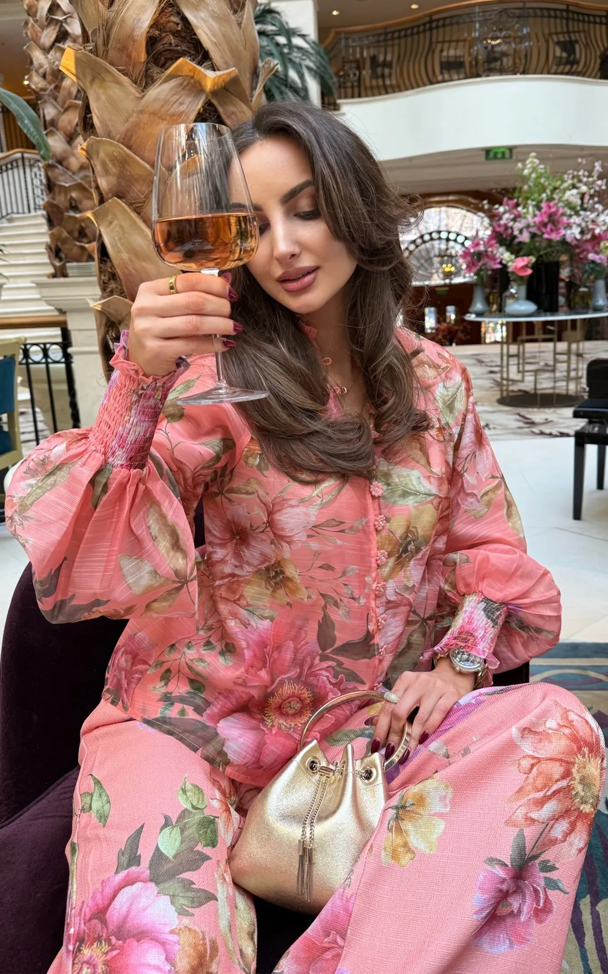 Peach Fizz Floral Print Bouffant Sleeve Blouse & Wide Leg Trousers Co-ord Set