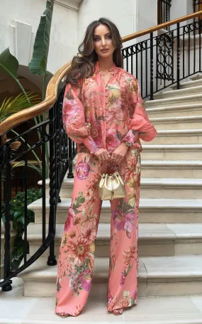 Peach Fizz Floral Print Bouffant Sleeve Blouse & Wide Leg Trousers Co-ord Set