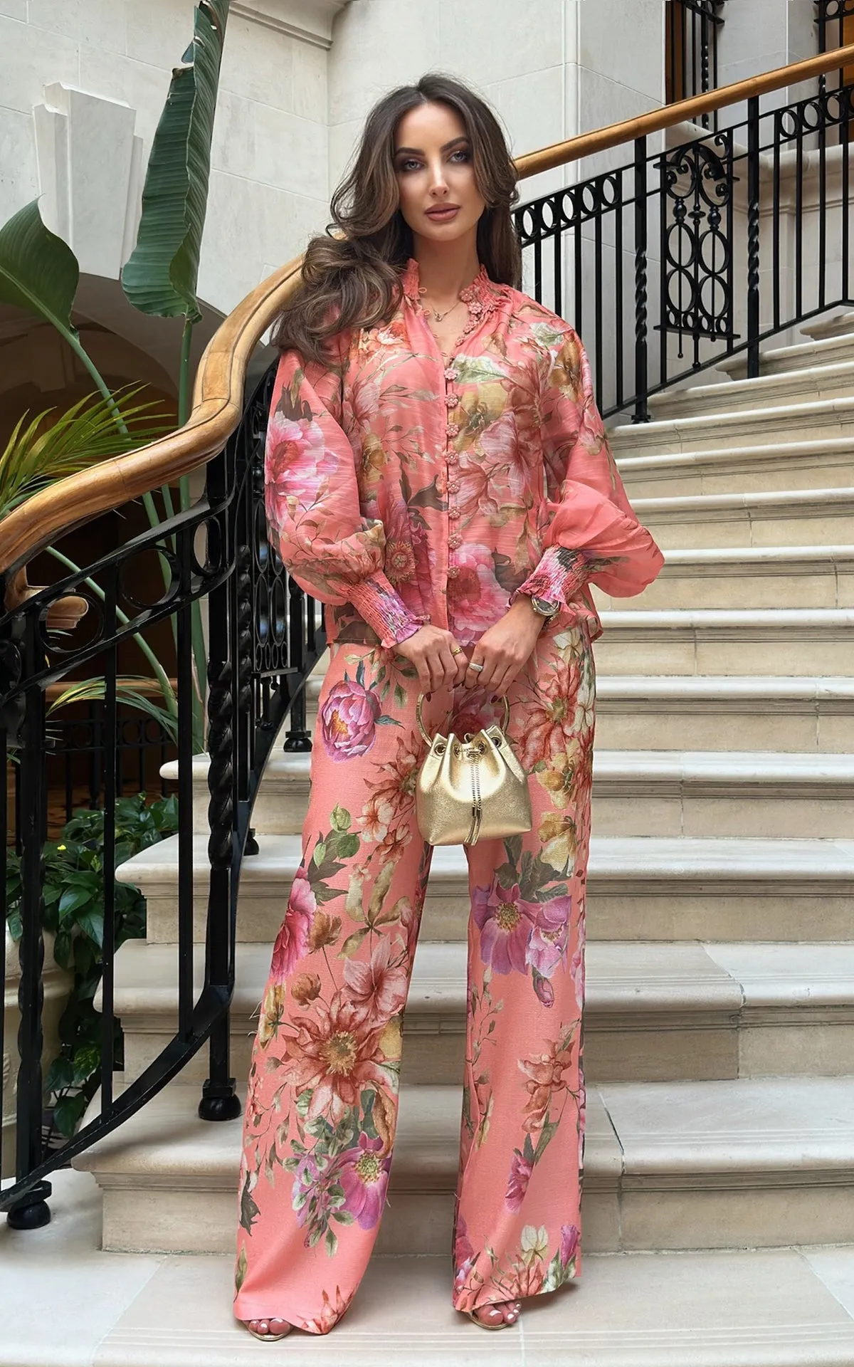 Peach Fizz Floral Print Bouffant Sleeve Blouse & Wide Leg Trousers Co-ord Set