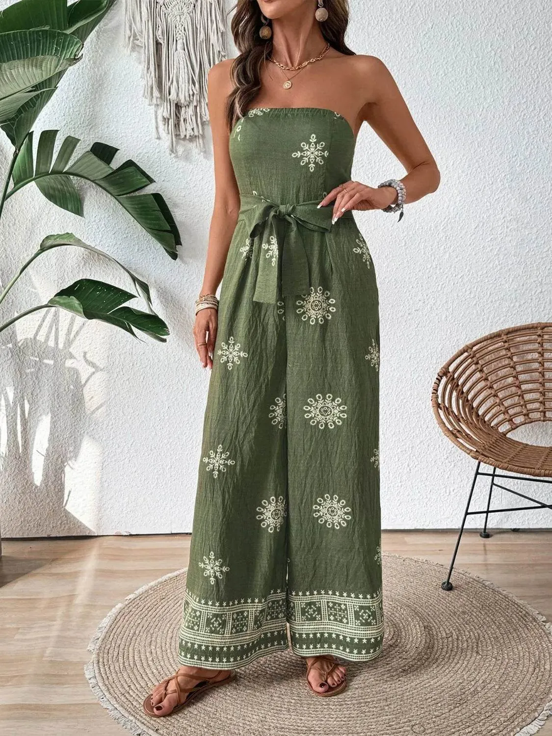 Printed Wide Leg Tube Jumpsuit