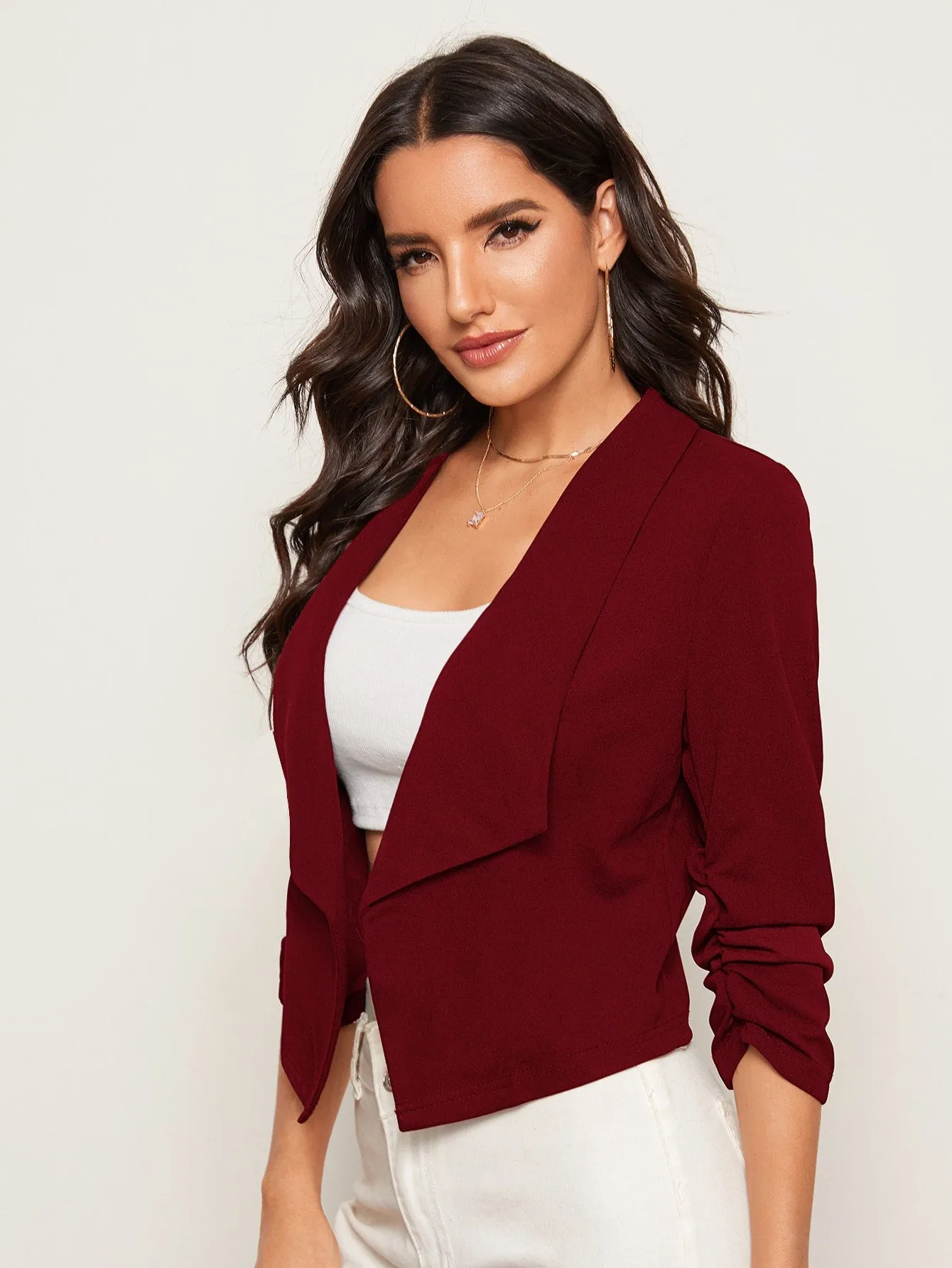 Privé Shawl Collar Ruched Sleeve Open Front Blazer