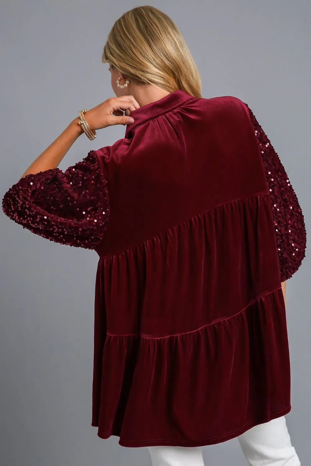 Sequin Sleeve Velvet Babydoll Shirt in Red