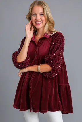 Sequin Sleeve Velvet Babydoll Shirt in Red