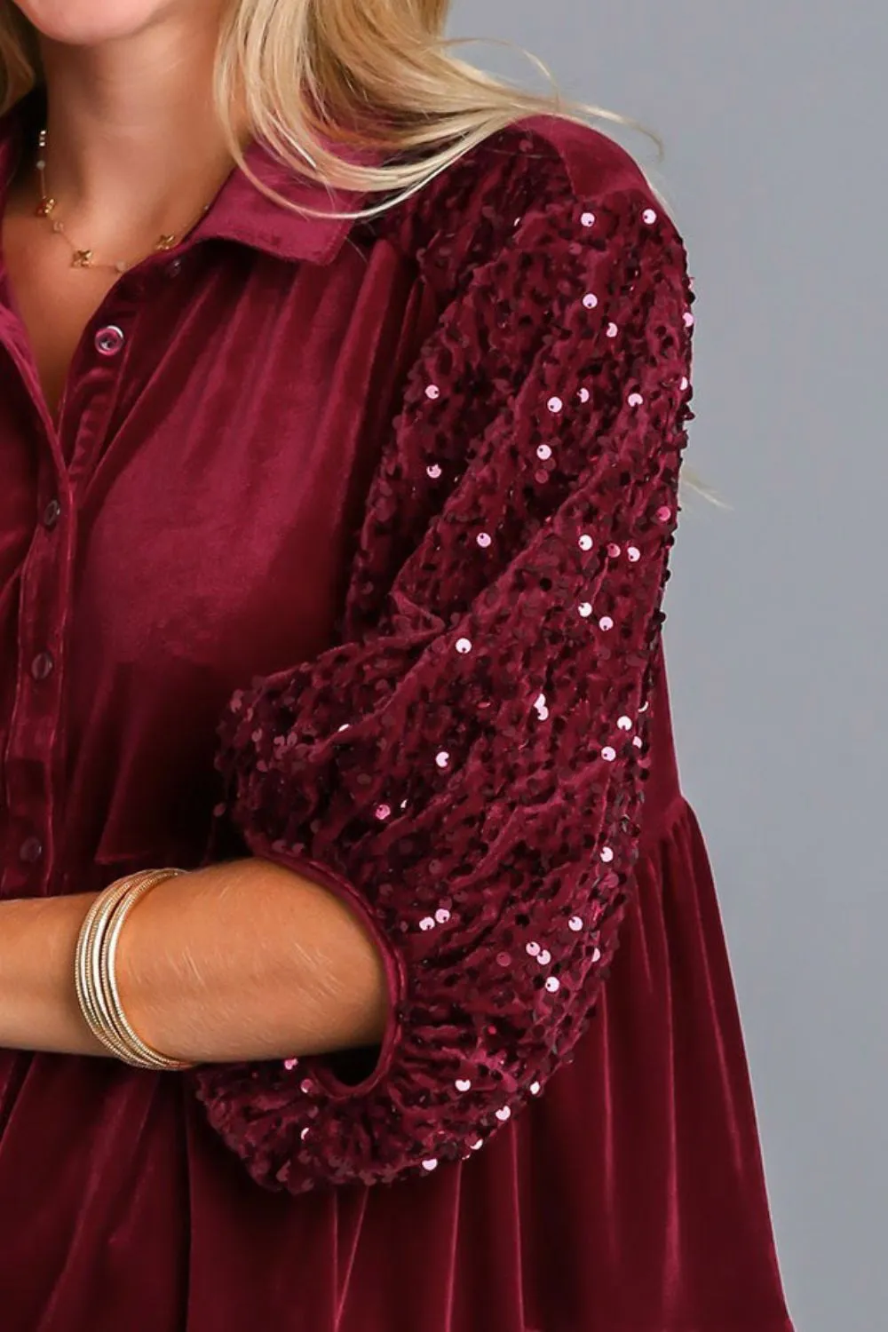 Sequin Sleeve Velvet Babydoll Shirt in Red