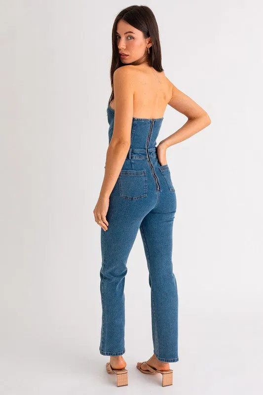 Stylish Sleeveless Wide Leg Tube Denim Jumpsuit