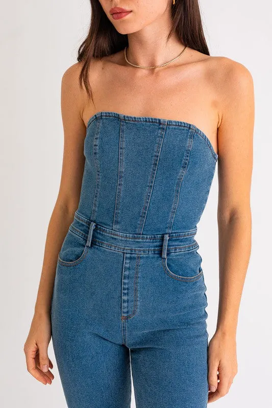 Stylish Sleeveless Wide Leg Tube Denim Jumpsuit