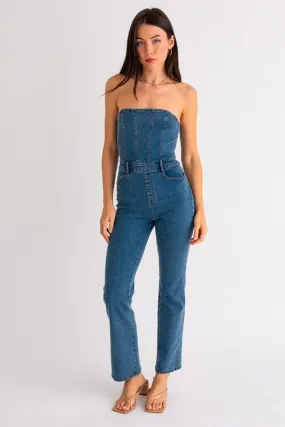Stylish Sleeveless Wide Leg Tube Denim Jumpsuit