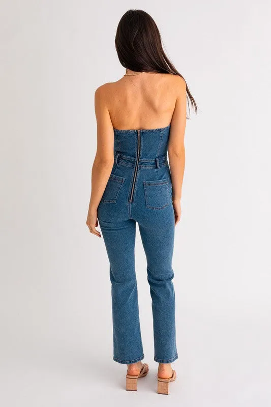 Stylish Sleeveless Wide Leg Tube Denim Jumpsuit