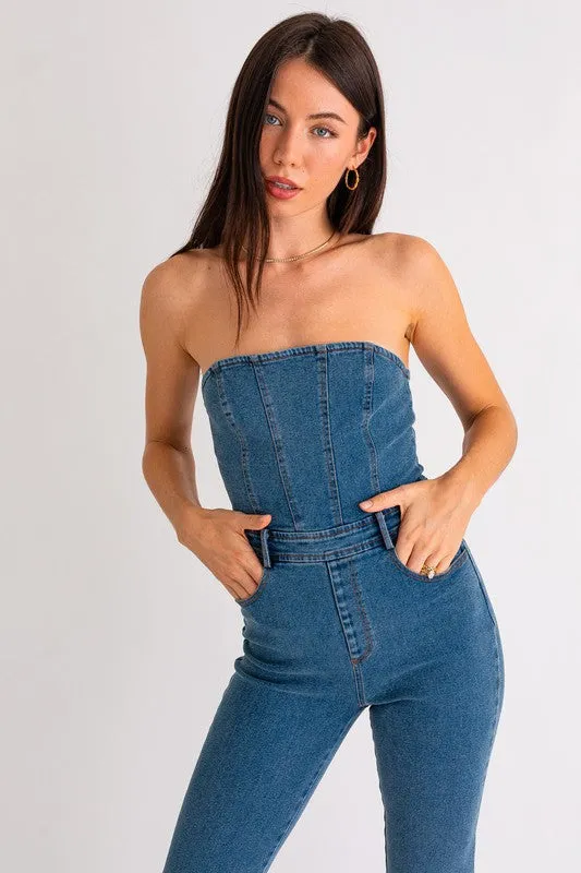 Stylish Sleeveless Wide Leg Tube Denim Jumpsuit