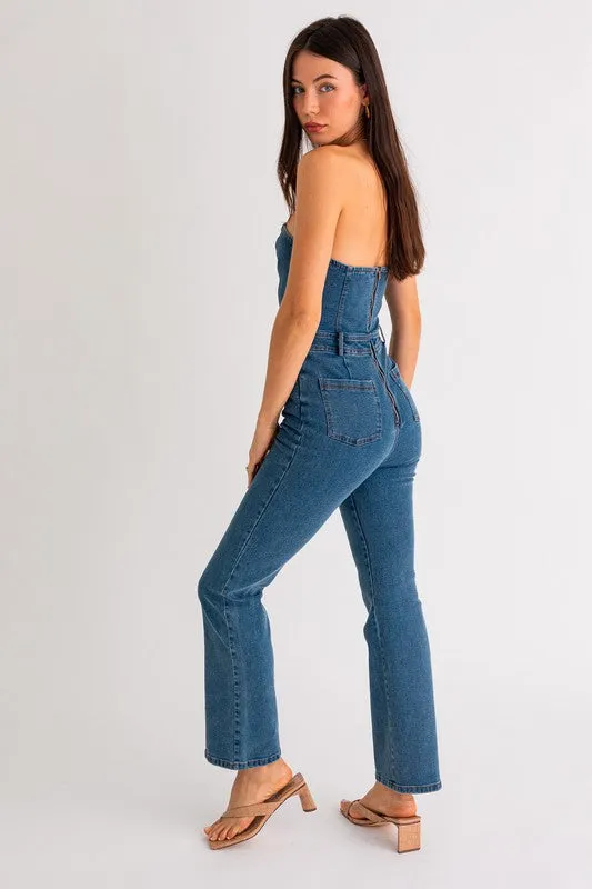 Stylish Sleeveless Wide Leg Tube Denim Jumpsuit