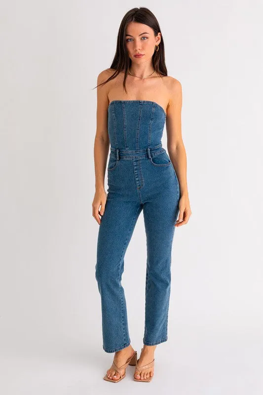 Stylish Sleeveless Wide Leg Tube Denim Jumpsuit