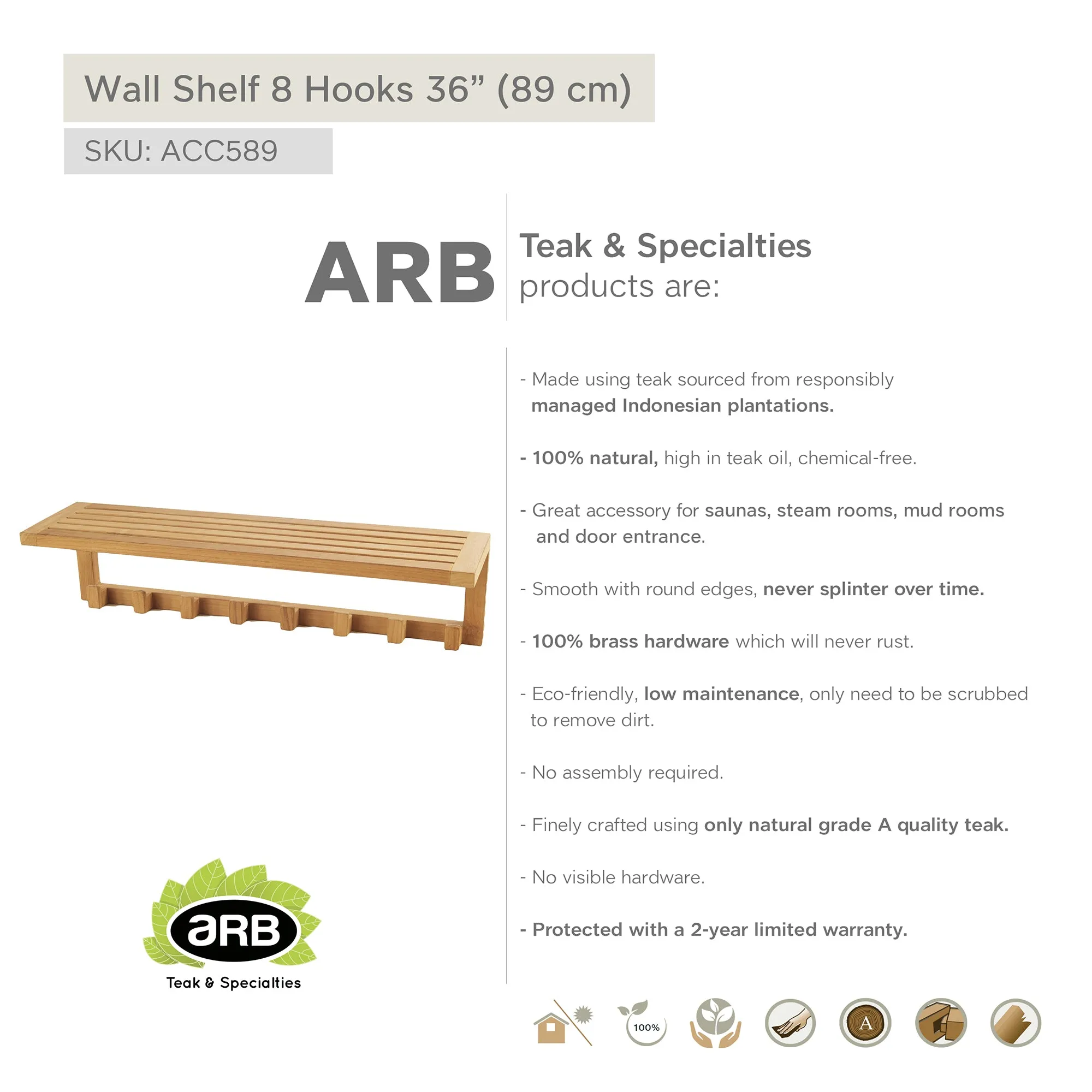 Teak Wall Shelf with 8 hooks