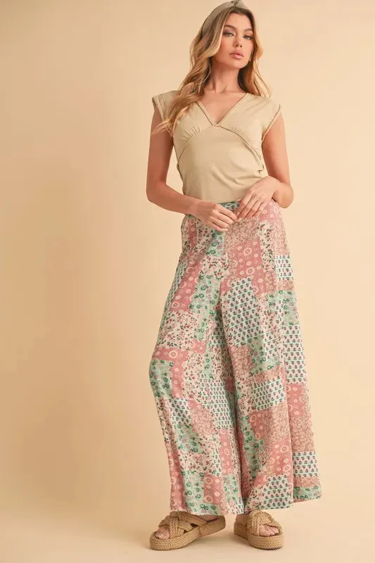 Vintage Patchwork Print Wide Leg Pants – Boho Style Rayon Trousers