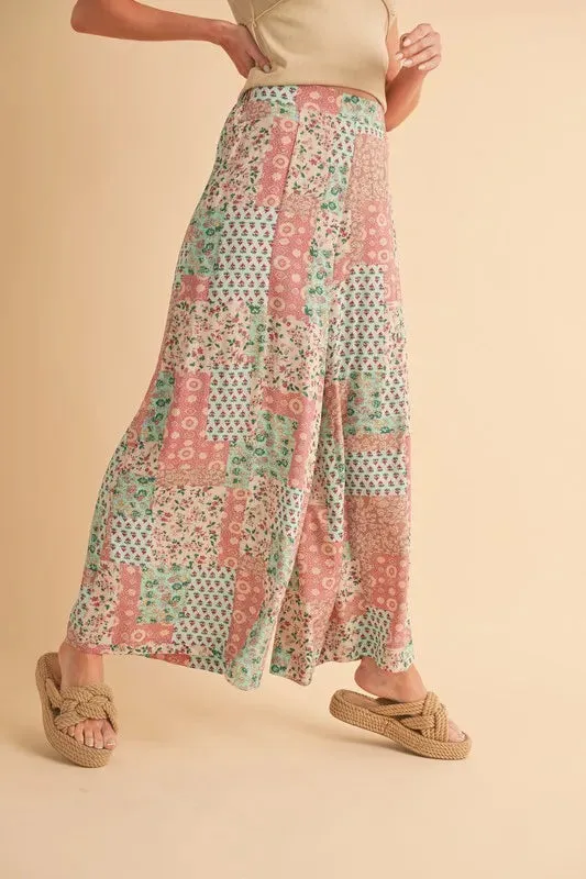 Vintage Patchwork Print Wide Leg Pants – Boho Style Rayon Trousers