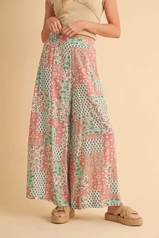Vintage Patchwork Print Wide Leg Pants – Boho Style Rayon Trousers