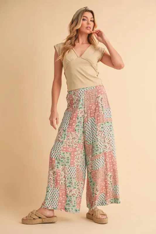 Vintage Patchwork Print Wide Leg Pants – Boho Style Rayon Trousers