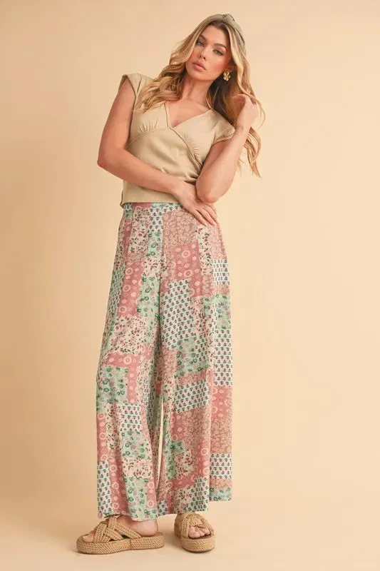 Vintage Patchwork Print Wide Leg Pants – Boho Style Rayon Trousers