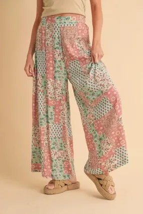 Vintage Patchwork Print Wide Leg Pants – Boho Style Rayon Trousers