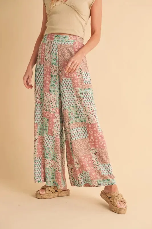 Vintage Patchwork Print Wide Leg Pants – Boho Style Rayon Trousers