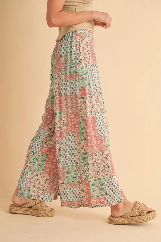 Vintage Patchwork Print Wide Leg Pants – Boho Style Rayon Trousers