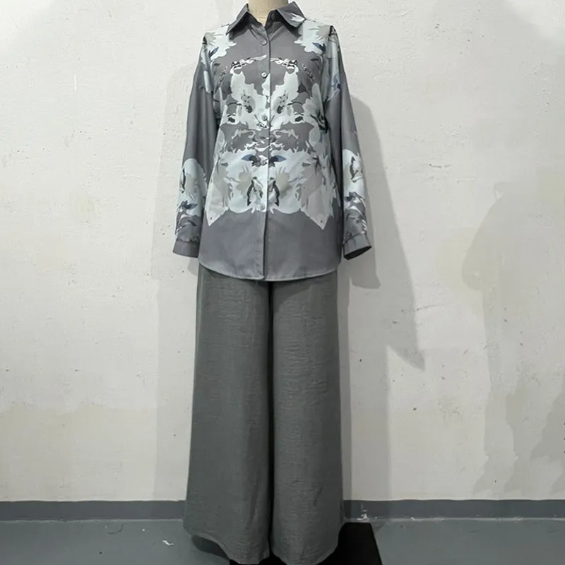 Women's Elegant Floral Print Blouse and Wide Leg Trousers Set