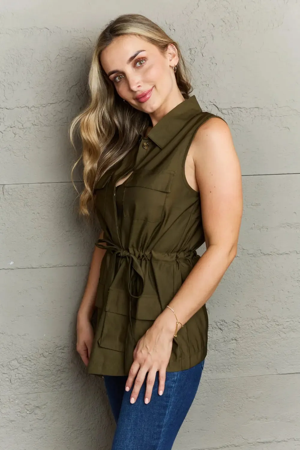 Women's Top by Ninexis - Follow The Light - Sleeveless Collared Button Down Top