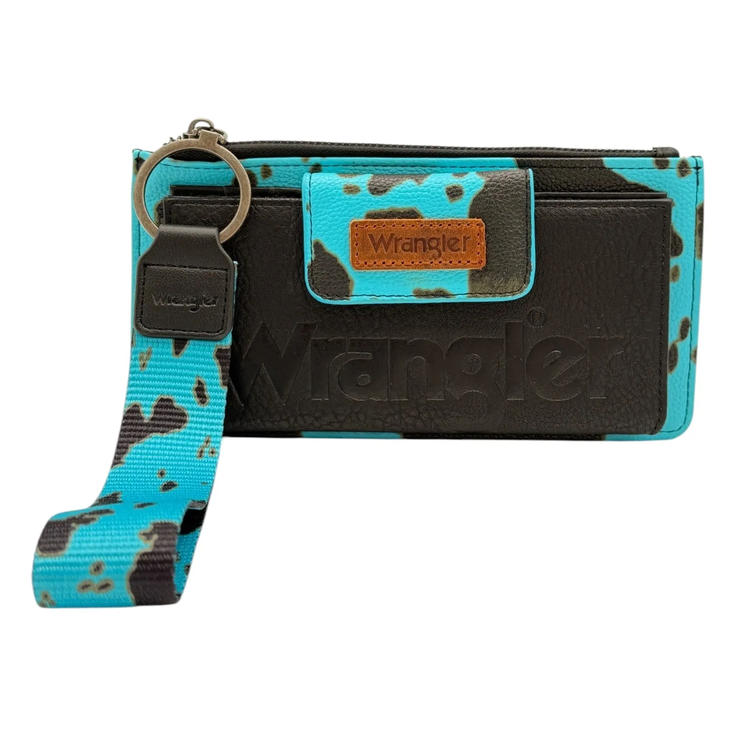 Wrangler Cow Print Bi-Fold Wallet Wristlet with Embossed Logo
