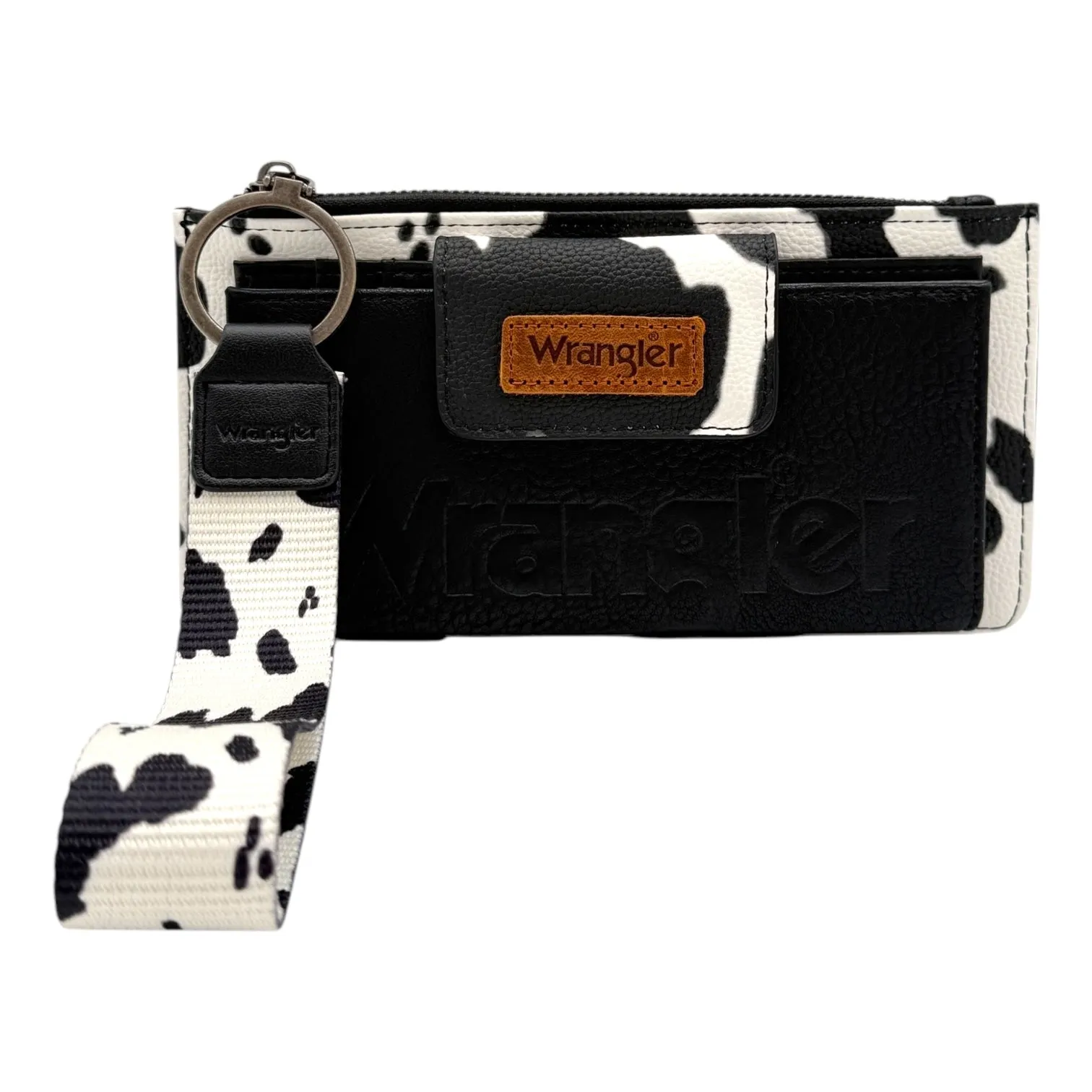Wrangler Cow Print Bi-Fold Wallet Wristlet with Embossed Logo